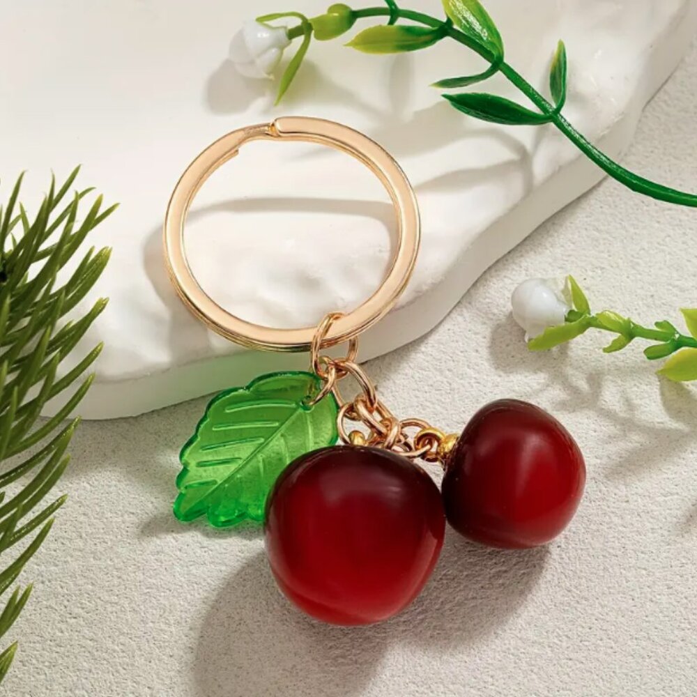 🍏50% OFF/3+...Glossy Red Cherry & Green Leaf Keychain